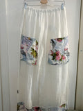 PANTALONE LARGO VERONICA TG48 IN LINO BIANCO C/STAMPA FIORI
