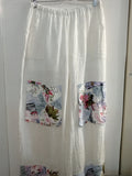 PANTALONE LARGO VERONICA TG48 IN LINO BIANCO C/STAMPA FIORI