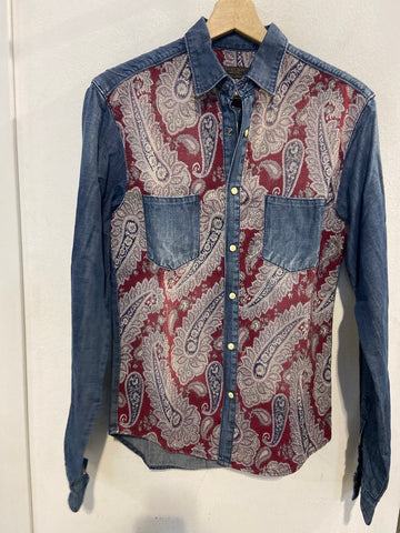 CAMICIA JEANS ZARA TGS BLU FANTASIA RICAMATO BORDEAUX UOMO
