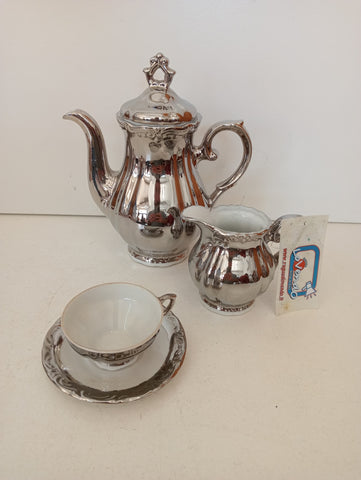 SERVIZIO CAFFE' ARGENTATO PORCELLANA BAVARIA 8 PZ + PIATTI