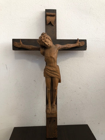 CROCIFISSO INTAGLIATO IN LEGNO VINTAGE H61XL36CM