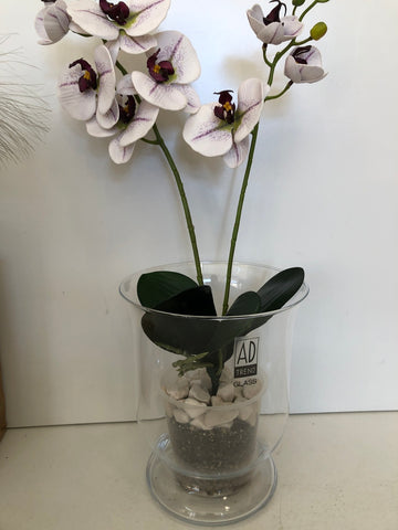 VASO IN VETRO DA COMPOSIZIONE CON ORCHIDEA FINTA H50XDIAETRO15 CM