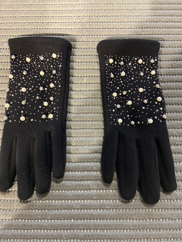 GUANTI DONNA NERO C/PERLINE BIANCHE