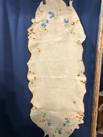 STRISCIA IN LINO BEIGE CON FIORI RICAMATA L98X39 CM