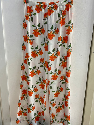 PANTALONE PLACEME TG40 BIANCO A FIORI ARANCIO(PARI AL NUOVO)