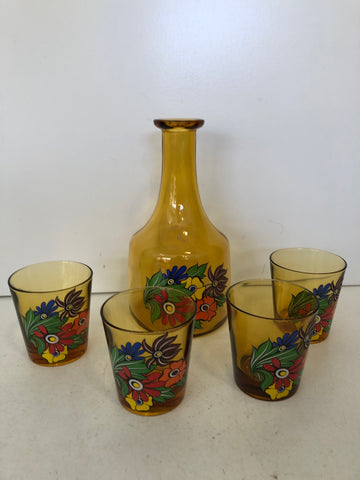BOTTIGLIA (SENZ TAPPO)+4 BICCHIERI IN VETRO ANNI '70