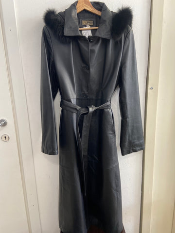 CAPPOTTO LUNGO TG46 IN VERA PELLE NERA C/RIPORTO PELLICCIA
