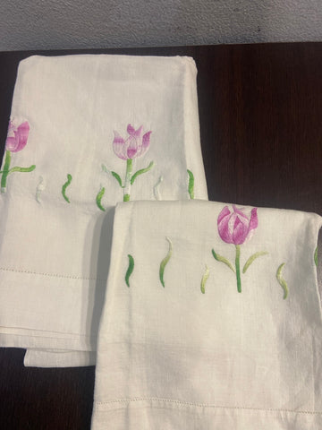 ASCIUGAMANO+OSPITE IN LINO BIANCO DIPINTO A MANO