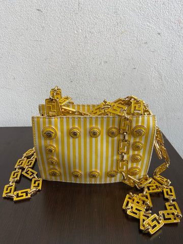 POCHETTE GIANNI VERSACE COUTURE VINTAGE A RIGHINE BIANCO/GIALLO C/TRACOLLA LOGATA