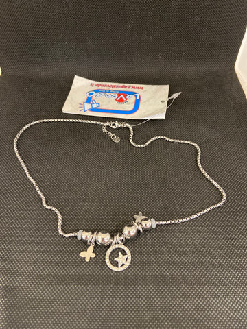 COLLANA IN ACCIAIO C/PENDENTI FARFALLE E STRASS