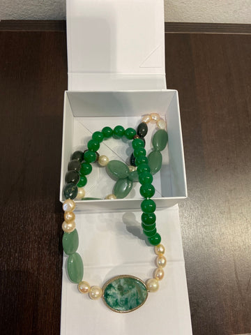 COLLANA MILUNA C/GIADA VERDE/PERLE BIANCHE