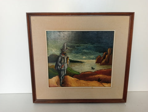 OLIO SU TAVOLA 30X33 PAESAGGIO CON PULCINELLA