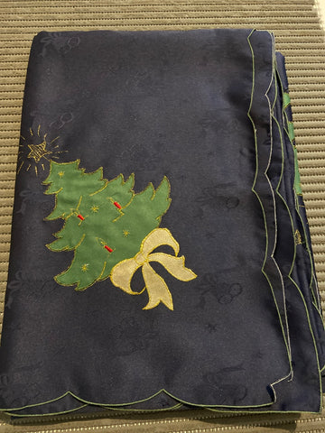 TOVAGLIA X12 BLU NATALIZIO C/RICAMO ALBERELLI E INTAGLIO+TOVAGLIOLI