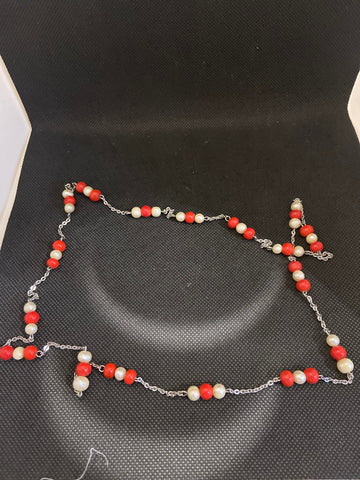 COLLANA IN ACCIAIO C/PERLINE BIANCHE/PASTA DI CORALLO ROSSO