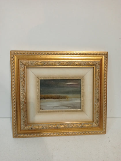 PAESAGGIO AGOSTA OLIO SU MASONITE CON CORNICE DORATA 29X26