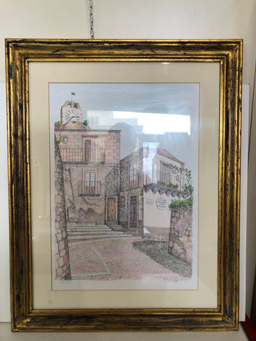 LITOGRAFIA PAESAGGIO MODICANO CON CORNICE DORATA 60X50