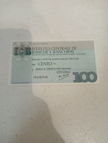 ASSEGNO ISTITUTO CENTRALE BANCHE E BANCHIERI DI 100 LIRE