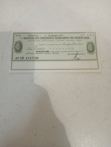 ASSEGNO BANCA DI CREDITO AGRARIO DI FERRARA 100 LIRE