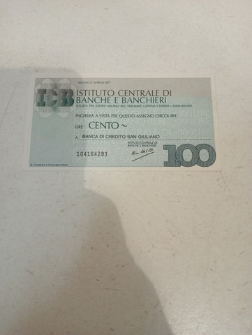 ASEGNO ISTITUTO CENTRALE BANCHE E BANCHIERI DI 100 LIRE