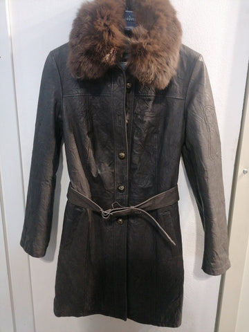 TRENCH DONNA TG42 IN PELLE MARRONE C/COLLO PELLICCIA