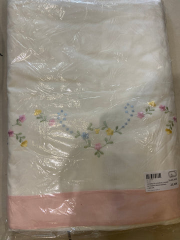 COMPLETO LENZUOLA MATR. IN COTONE BIANCO/ROSA C/RICAMO FIORI