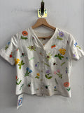 CAMICIA IN LINO BIANCO TGS RICAMO FIORI COLORATI ARTIGIANALE