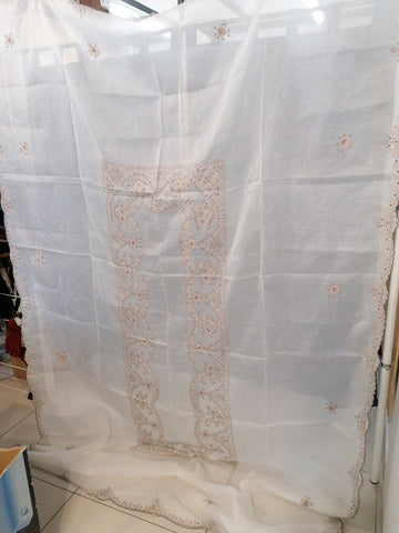 TOVAGLIA X12 IN ORGANZA DI COTONE BIANCO C/RICAMO MARRONE+TOVAGLIOLI