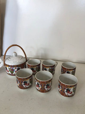 6 TAZZE CAFFE' + ZUCCHERIERA IN PORCELLANA STILE ORIENTALE